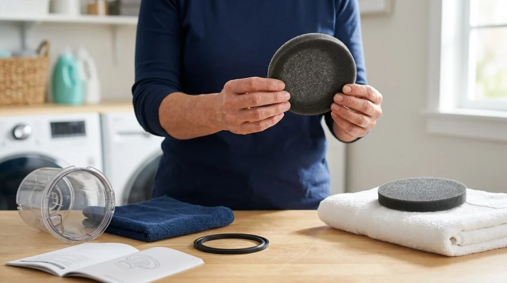 Homeowner checking a clean washable vacuum filter and seal beside an emptied dust container.