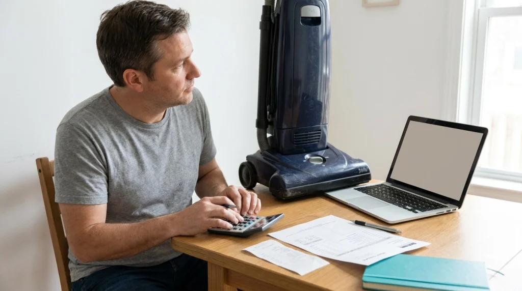 Homeowner reviewing repair expenses beside an older vacuum to decide whether the repair cost makes sense.