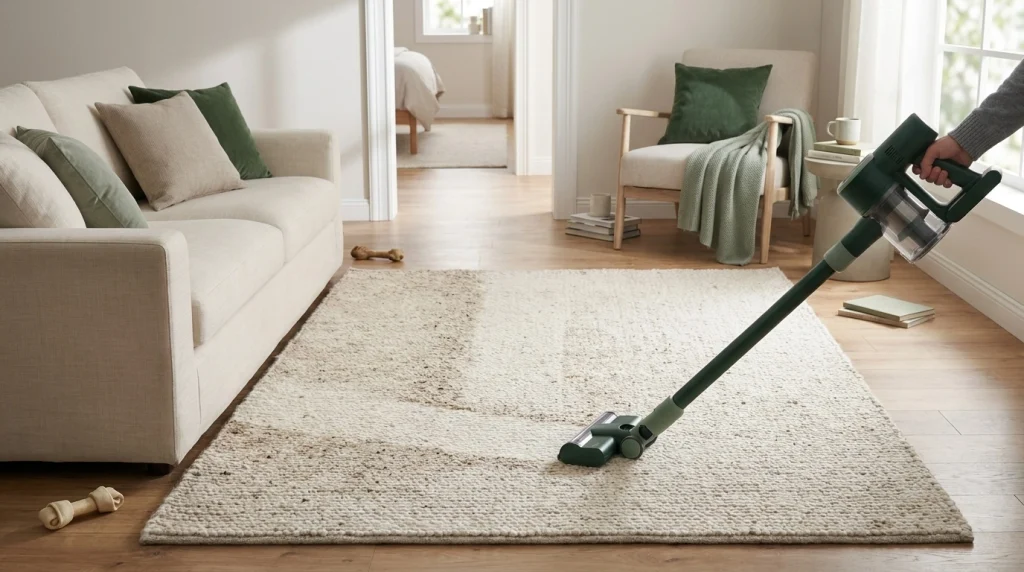 A homeowner vacuuming a living room rug along a frequently used walking path.