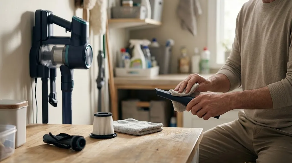 Homeowner maintaining a cordless vacuum with a clean filter, clear brush roll, and approved charging dock