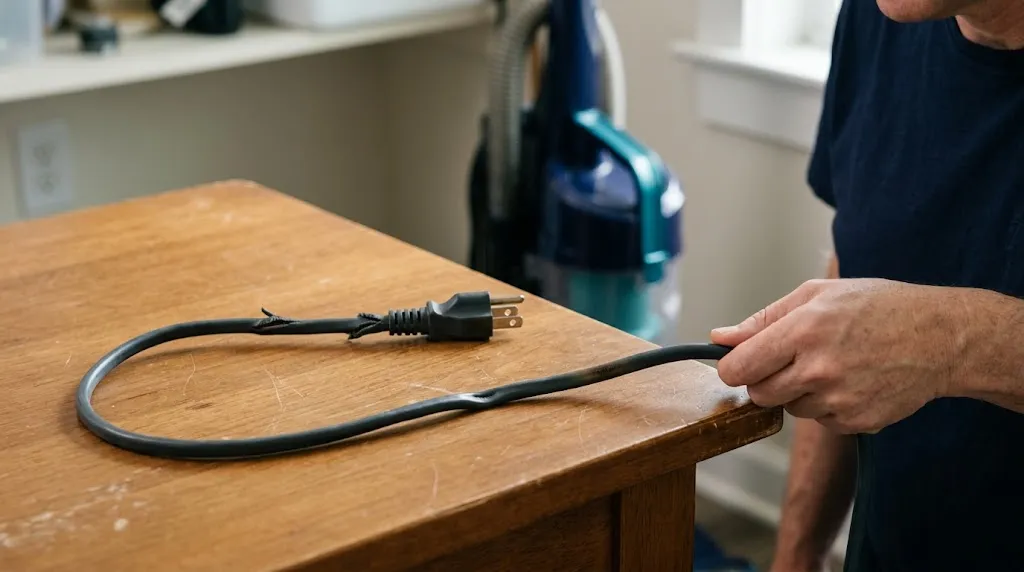 Unplugged vacuum power cord showing frayed insulation, flattened cable and plug discoloration.