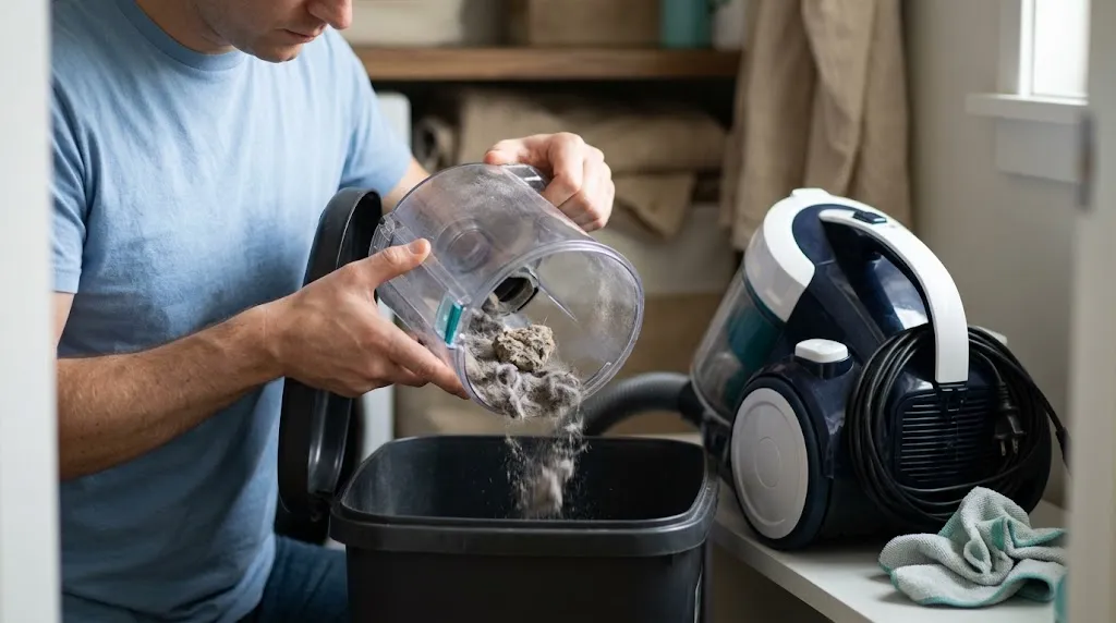 Homeowner emptying a full vacuum dustbin to restore airflow and improve weak cleaning performance.