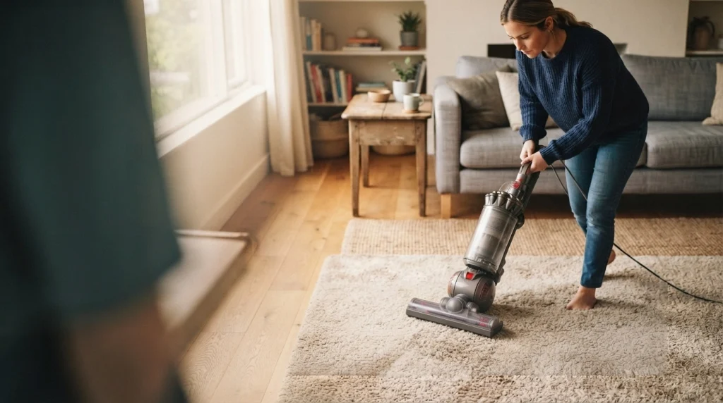 Person slowly vacuuming carpet in overlapping passes in a living room.