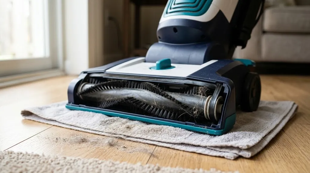 Close-up of a stretched vacuum drive belt connected to a brush roll inside an upright cleaner