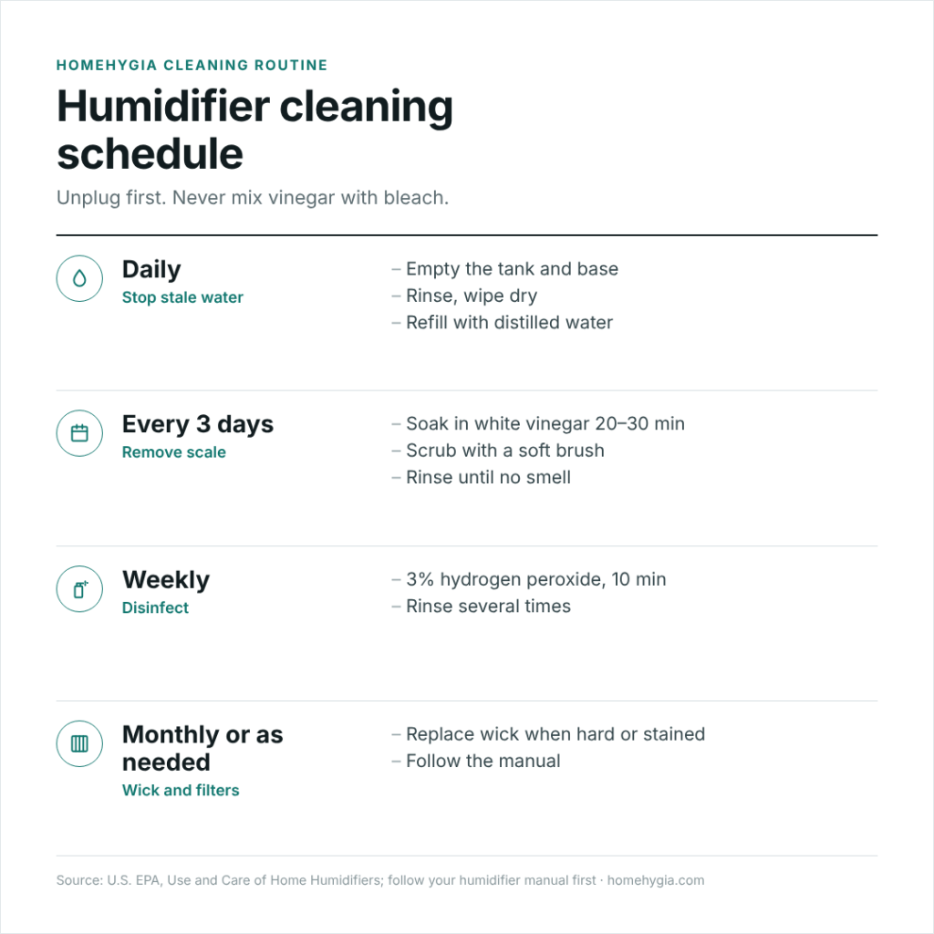 Humidifier cleaning schedule: daily rinse, vinegar descaling every three days, weekly hydrogen peroxide disinfecting and wick replacement