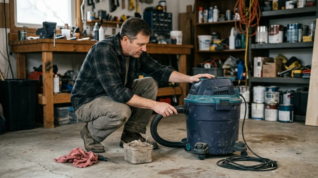 Homeowner inspecting a wet dry vacuum's exhaust and hose connection in a garage
