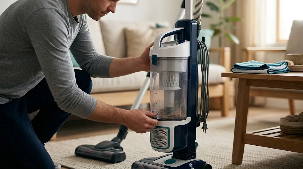 Homeowner checking a clean, correctly seated vacuum dustbin to prevent future suction problems.