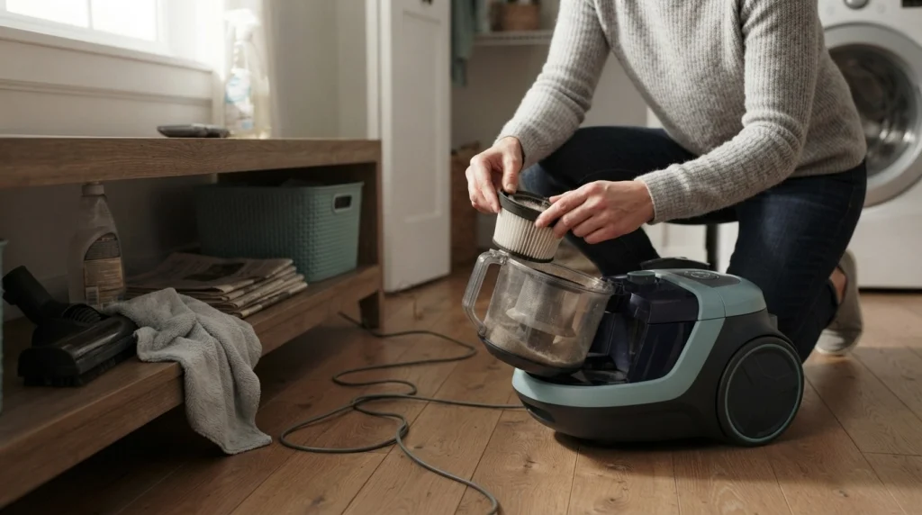 Homeowner checking a removable vacuum filter and dust container during routine vacuum maintenance.