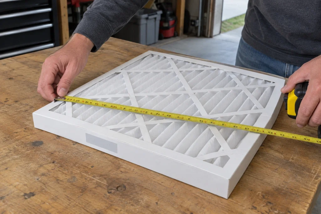 Measuring the width of an HVAC air filter with a tape measure