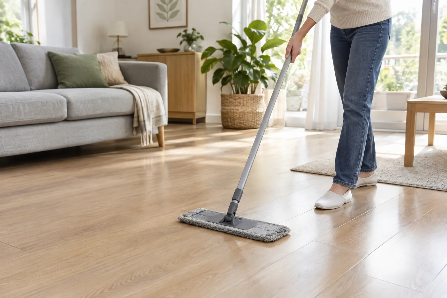 Cleaning a laminate floor with a flat microfiber mop in a bright living room