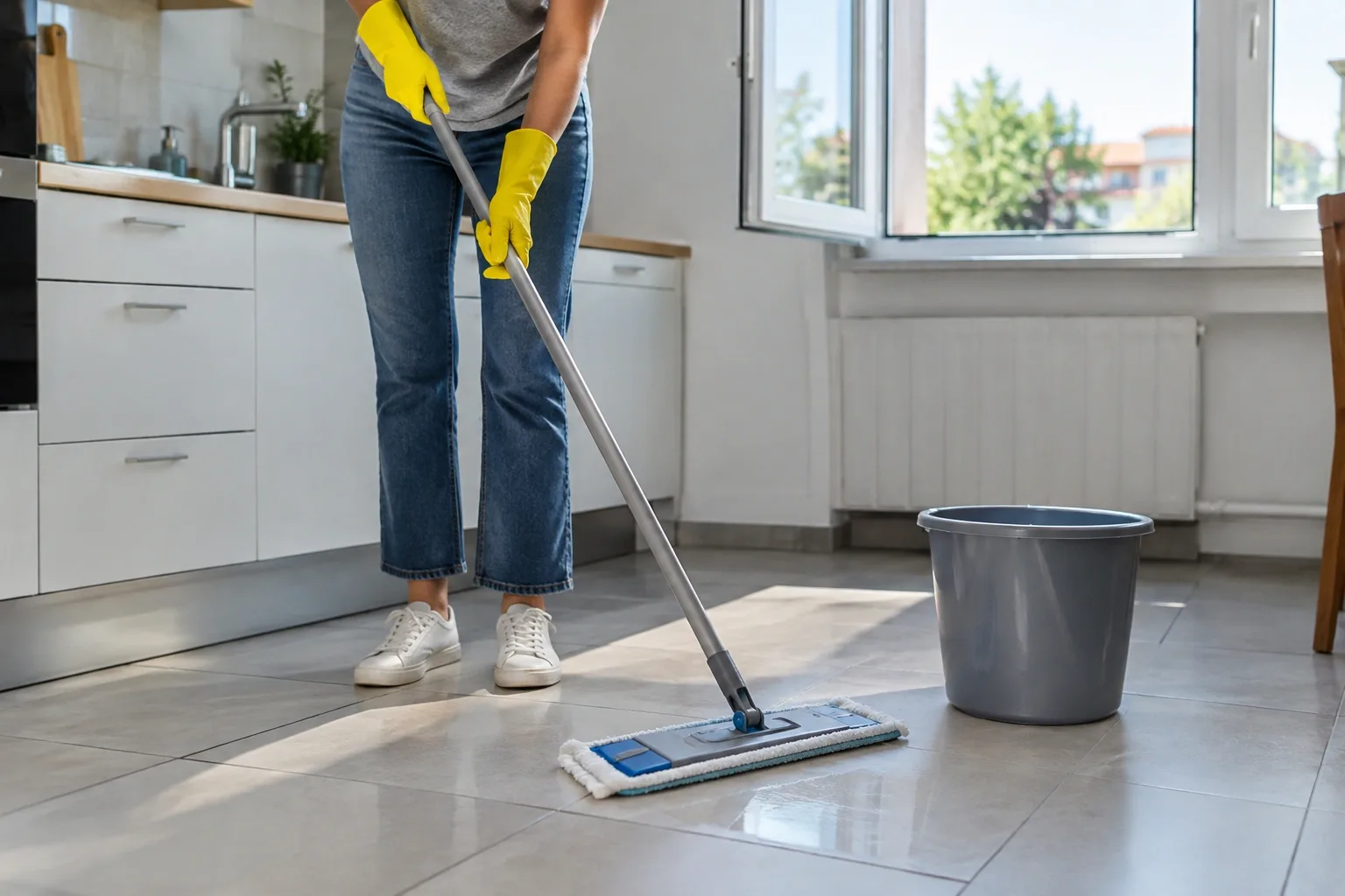 Person in rubber gloves mopping a ceramic tile kitchen floor with a bucket