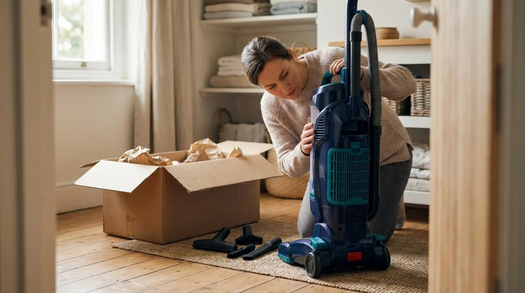 Homeowner checking a new vacuum cleaner for a lingering plastic smell before use.