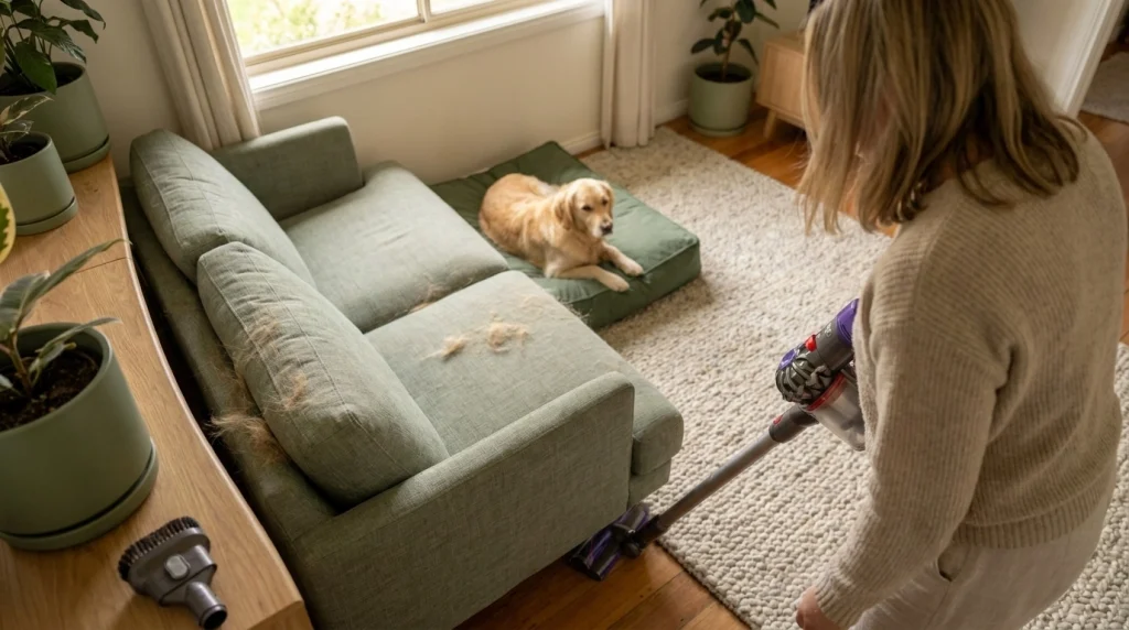 Homeowner vacuuming beside a sofa where pet hair remains along the rug edge and upholstery seam.