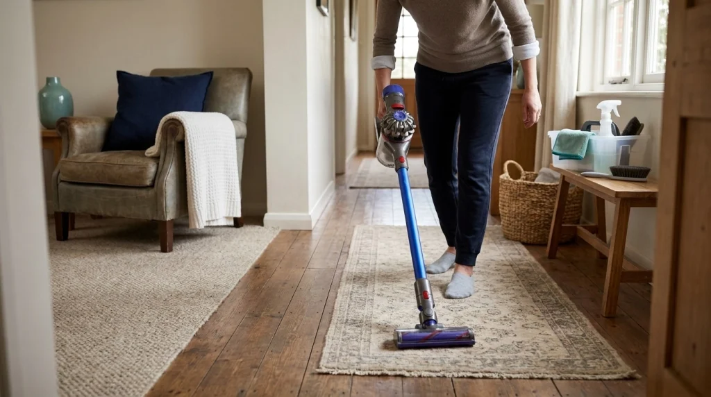 Vacuum cleaner beside a rug and hard flooring in a home set up for routine household cleaning.