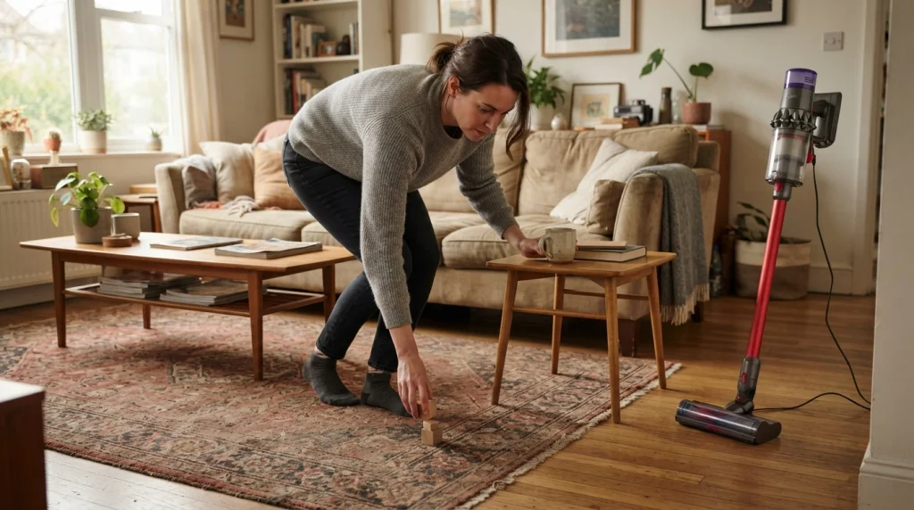 Person clearing small objects and moving a side table before vacuuming a living room.