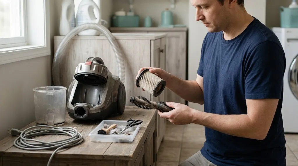 Homeowner cleaning an unplugged vacuum's filter, dust container, and brush roll to prevent motor problems.