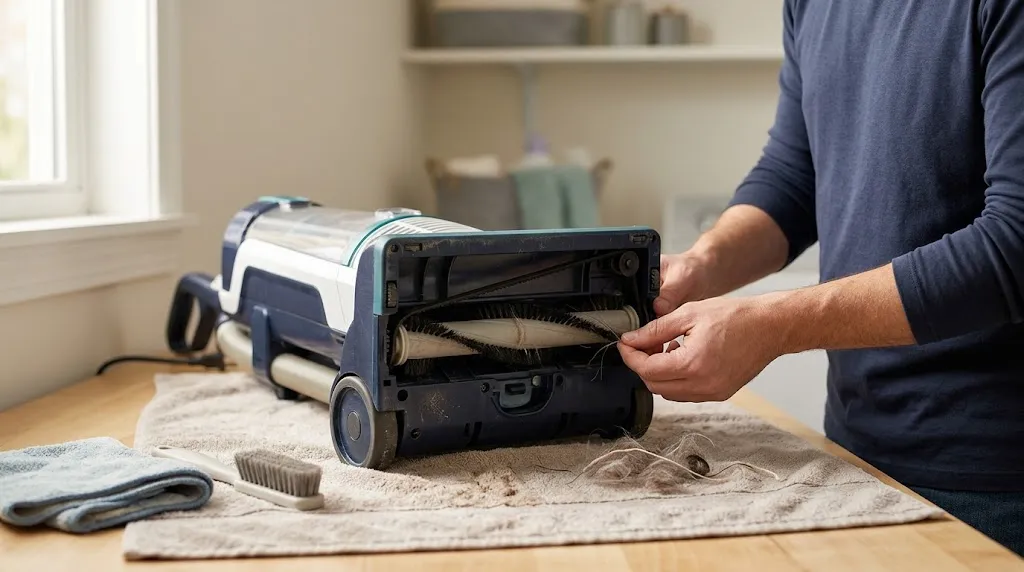 Homeowner removing tangled pet hair from a vacuum brush roll to help prevent premature belt wear