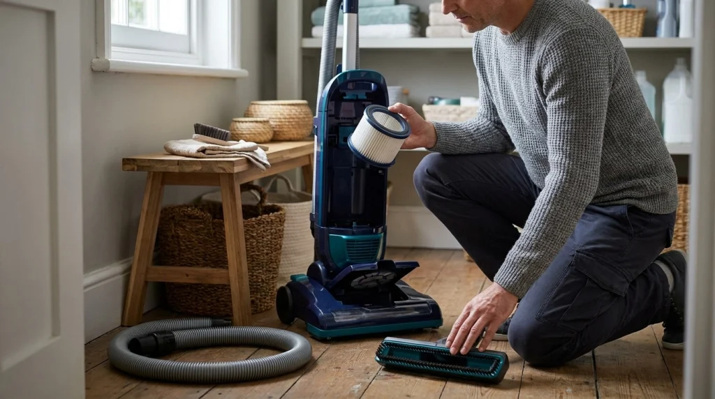 Homeowner checking a vacuum filter and brush roll during routine maintenance to prevent plastic smells.