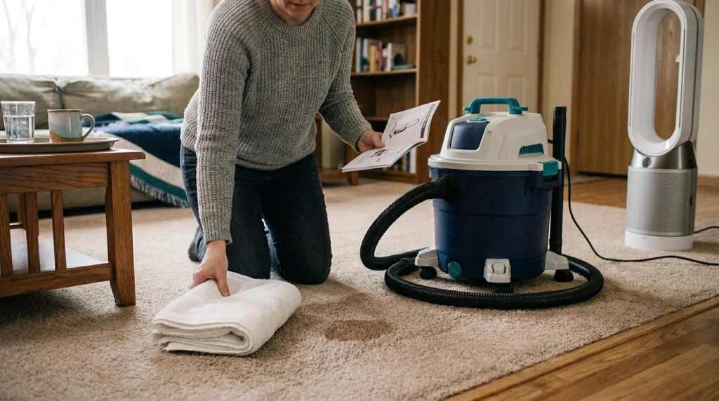 Homeowner preparing towels, a fan, and a wet/dry vacuum for safe carpet spill cleanup.