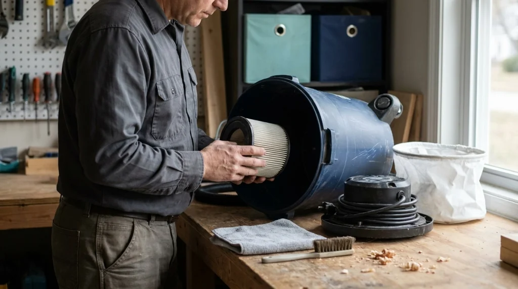 Workshop user inspecting a wet dry vacuum filter and collection bag during routine maintenance.