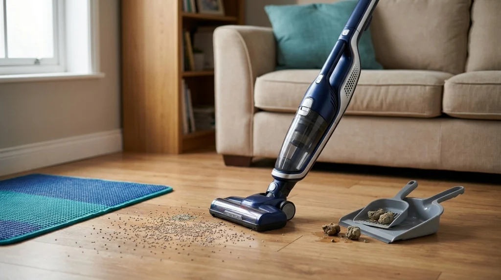 Dry loose cat litter beside a vacuum, with damp clumps separated for manual cleanup.
