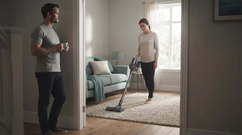 Adult waiting in an adjoining hallway while another person vacuums a living room.