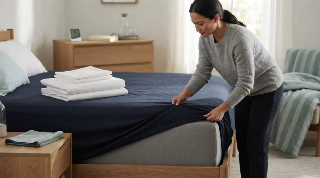 Adult making a bed beside a microfiber dusting cloth and humidity monitor in a clean bedroom