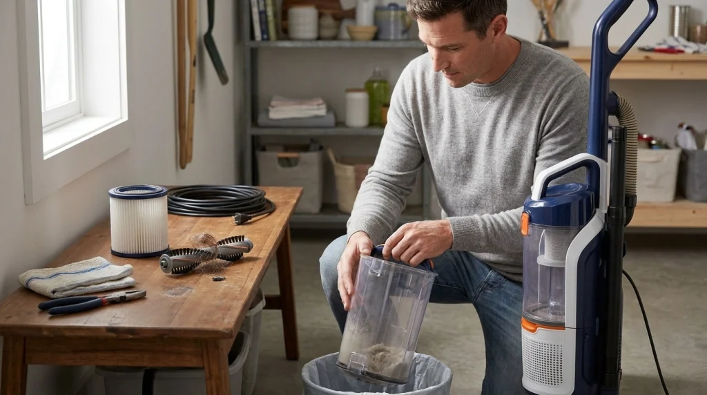 Homeowner cleans a vacuum dust container and checks its dry filter, brush roll, and power cord during routine maintenance.