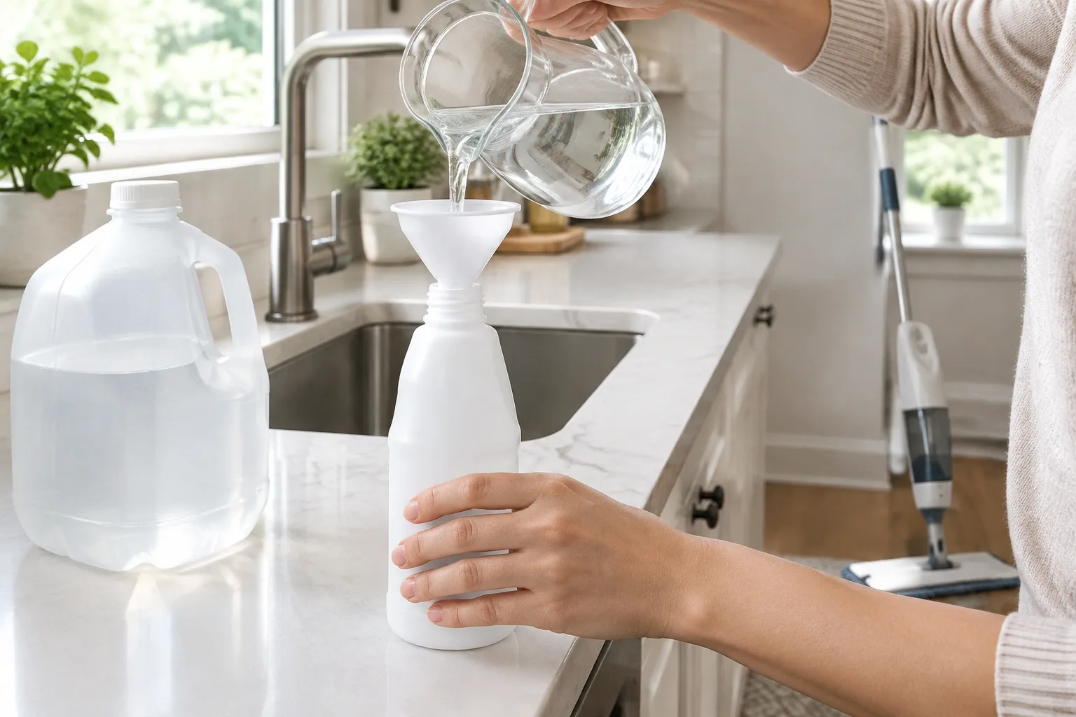 Refilling a spray mop solution bottle through a small funnel at a kitchen sink
