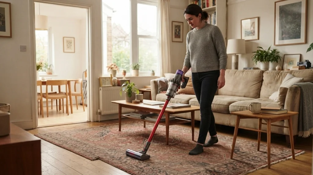 Person vacuuming a living room as part of an orderly room-by-room home-cleaning routine.