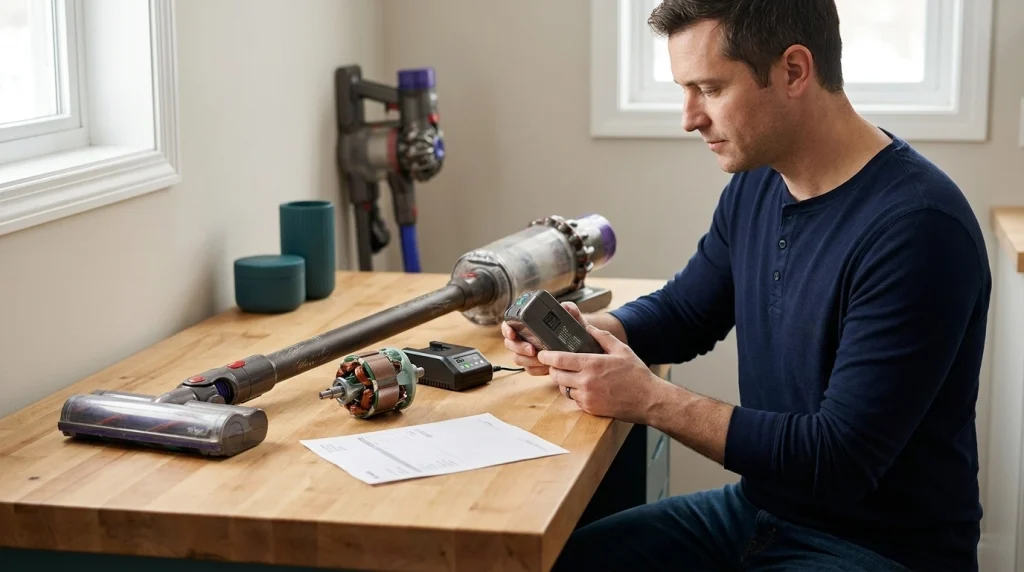 Used cordless vacuum, replacement motor, and battery on a workbench during a repair-versus-replace decision.
