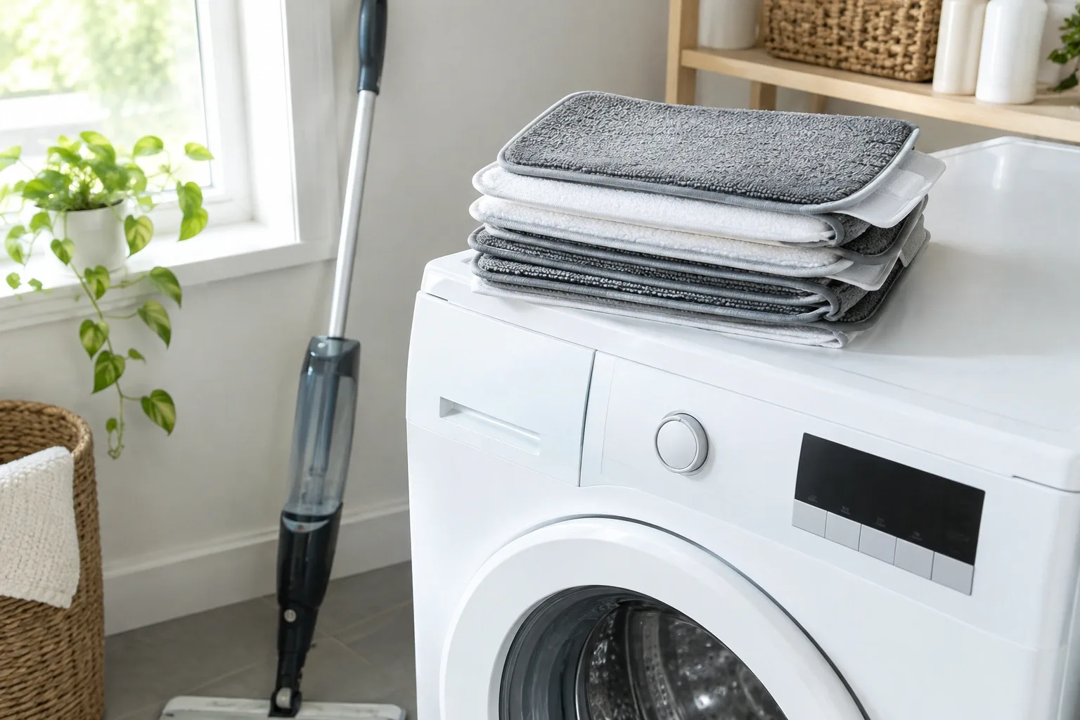 Clean reusable microfiber mop pads folded beside a washing machine