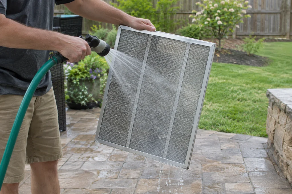 Rinsing a washable HVAC filter with a garden hose outdoors