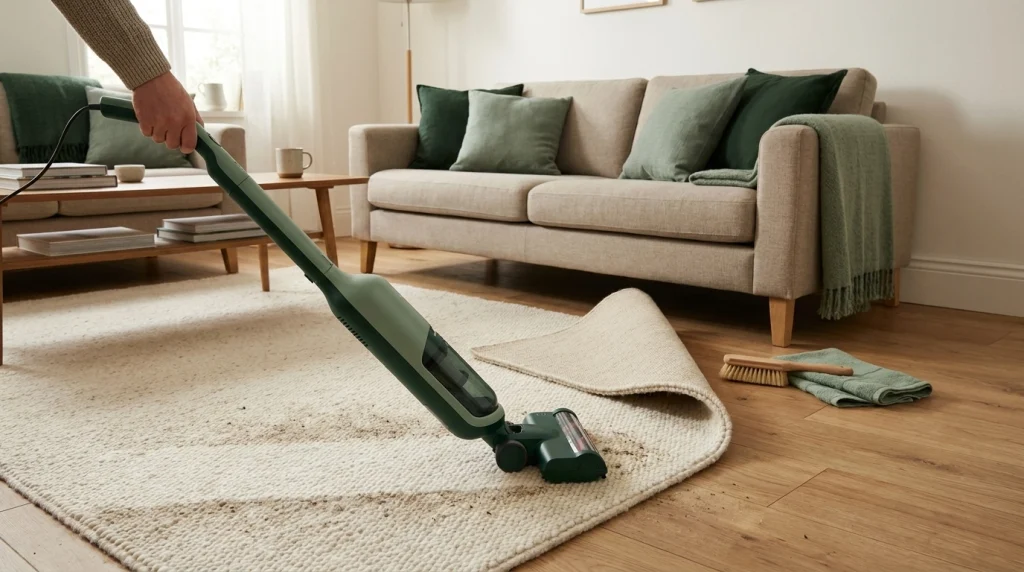 Routine rug vacuuming alongside cleaning supplies that suggest additional deep-cleaning care.
