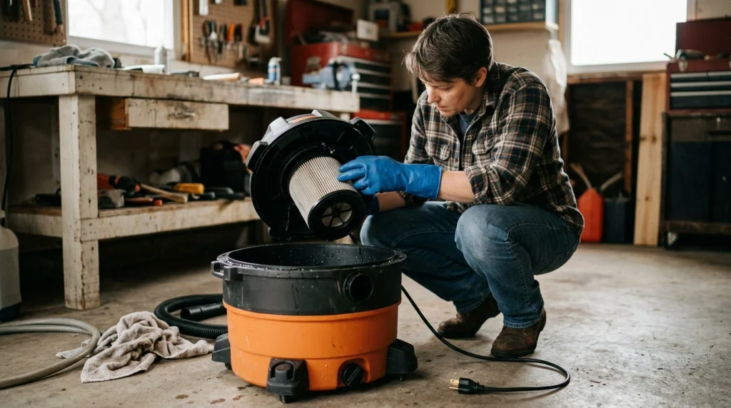Homeowner inspecting the open collection tank and filter of an unplugged wet/dry shop vacuum after liquid pickup.