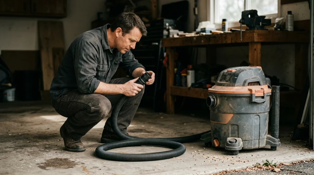 Homeowner inspecting a shop vacuum hose and filter to diagnose weak or missing suction