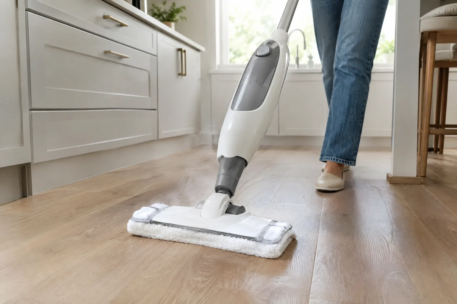 Steam mop with a microfiber pad cleaning a luxury vinyl plank floor