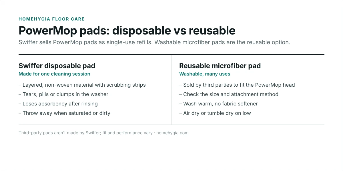 Disposable Swiffer PowerMop pads compared with reusable microfiber pads, and how to wash reusable pads