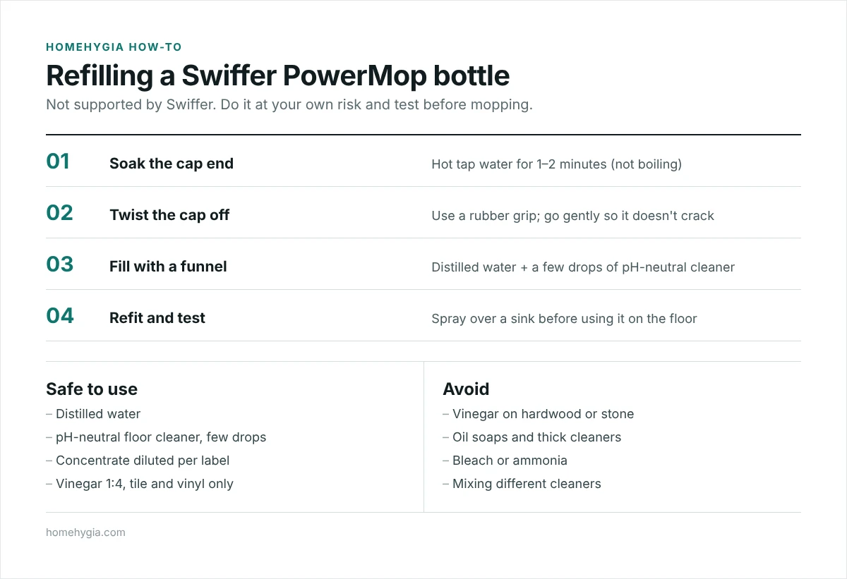 Steps to refill a Swiffer PowerMop bottle and which solutions to use