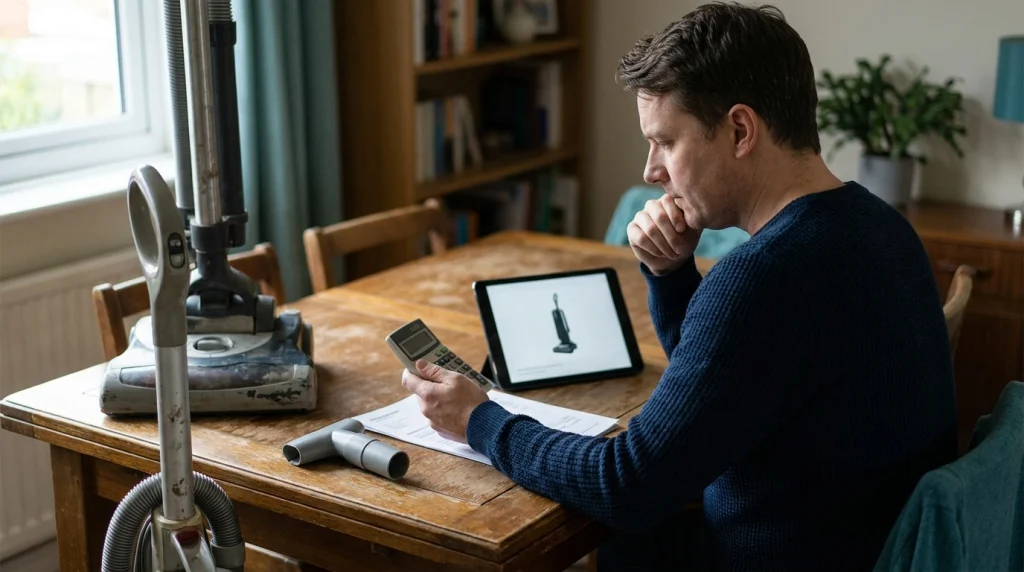 Homeowner comparing vacuum repair costs with a replacement price using a calculator.