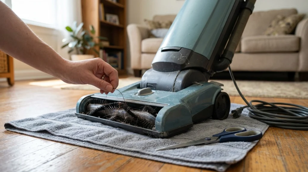 Unplugged vacuum floorhead with tangled hair around the brush roll during grinding-noise troubleshooting.