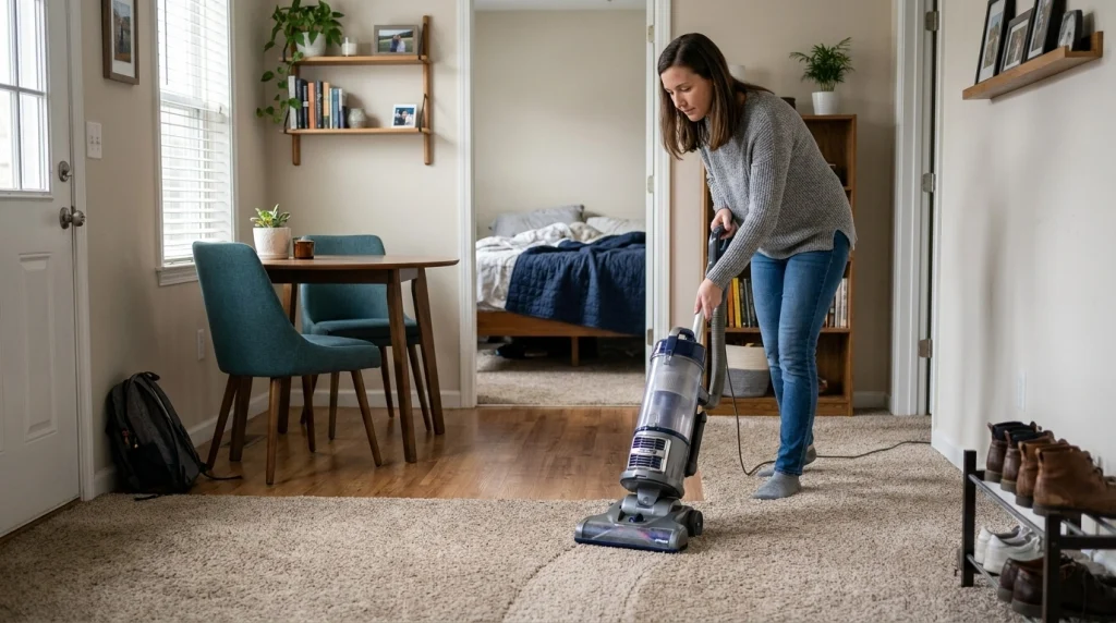 A person vacuuming a carpeted living-room walkway as part of a room-by-room carpet cleaning schedule.