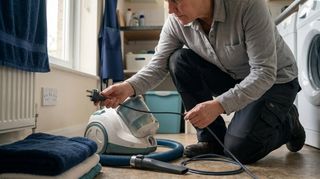 Person visually inspecting an unplugged vacuum cleaner's power cord and housing for damage.
