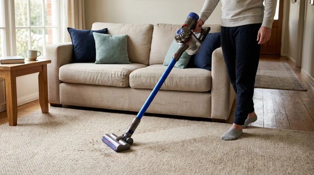 An adult vacuuming a frequently used living room carpet as part of a regular house-cleaning routine.