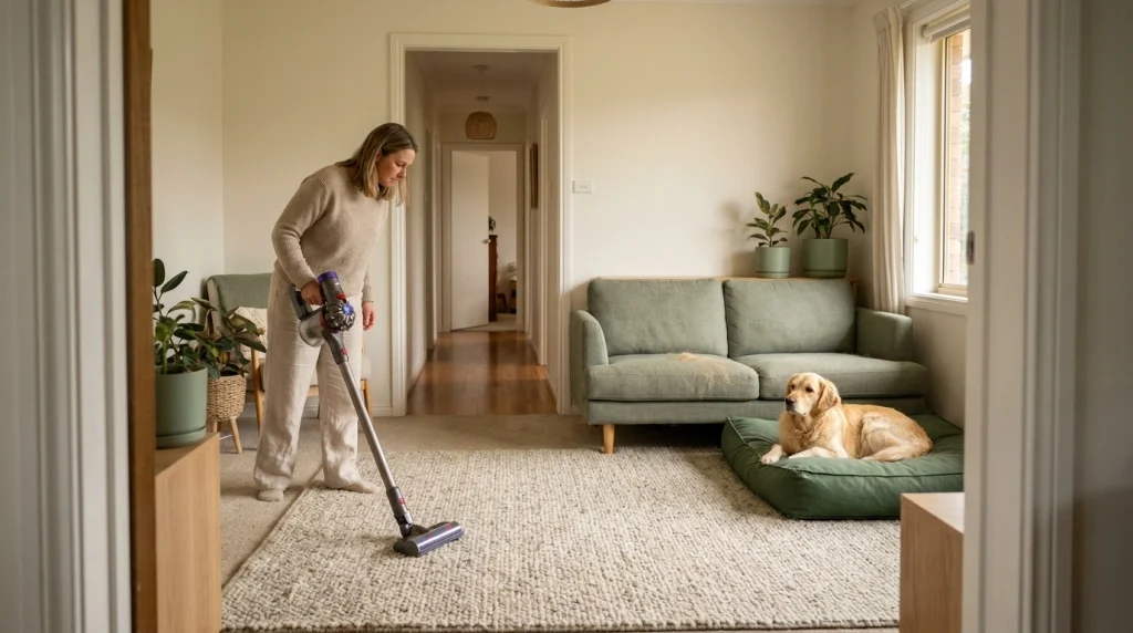 Homeowner vacuuming a rug in a pet-friendly living room with hard floors, sofa, and dog bed.