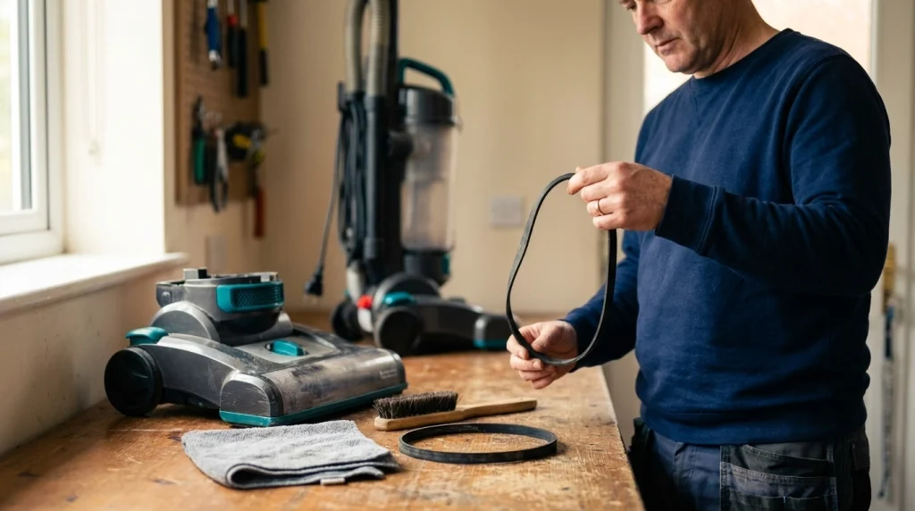Unplugged vacuum cleaner, detached floorhead, and worn belt arranged for a repair-or-replacement assessment.