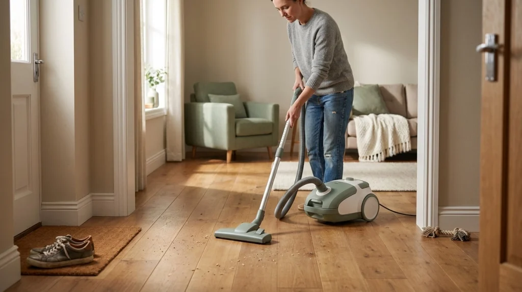 Person vacuuming a hardwood hallway as part of a regular hardwood floor cleaning schedule.