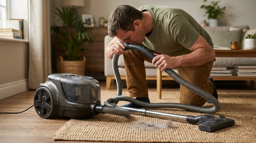Homeowner inspecting a detached vacuum hose, wand, and floorhead for blockages after a filter change.