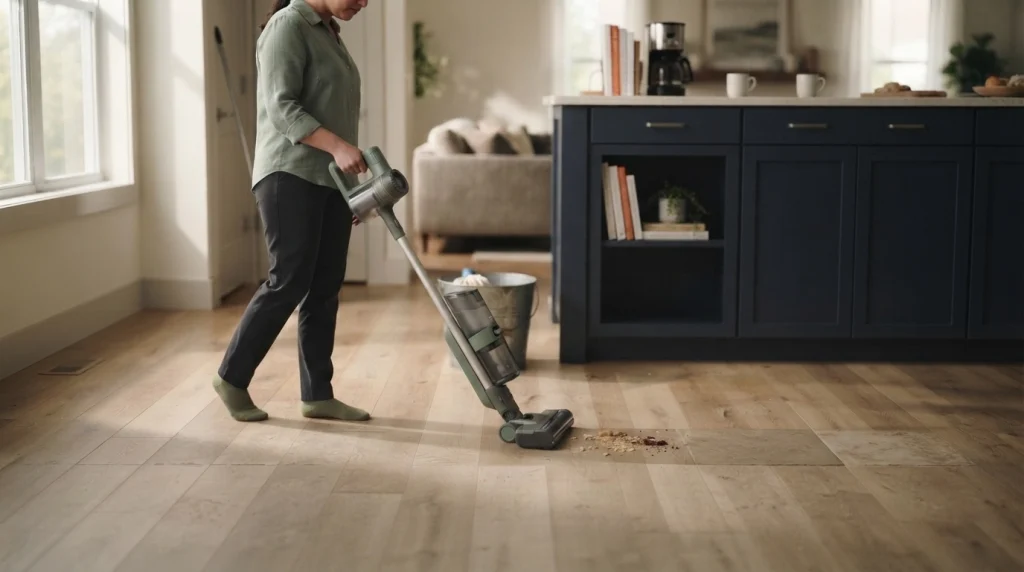 Person using a vacuum-and-mop combo machine to clean a hard floor at home.