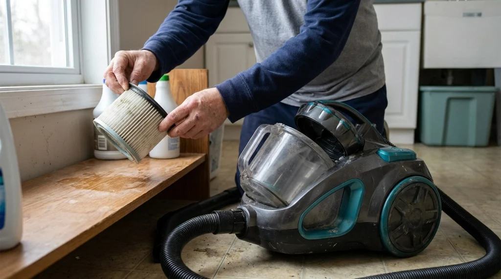 Homeowner checks a vacuum filter and hose while troubleshooting overheating after filter cleaning.